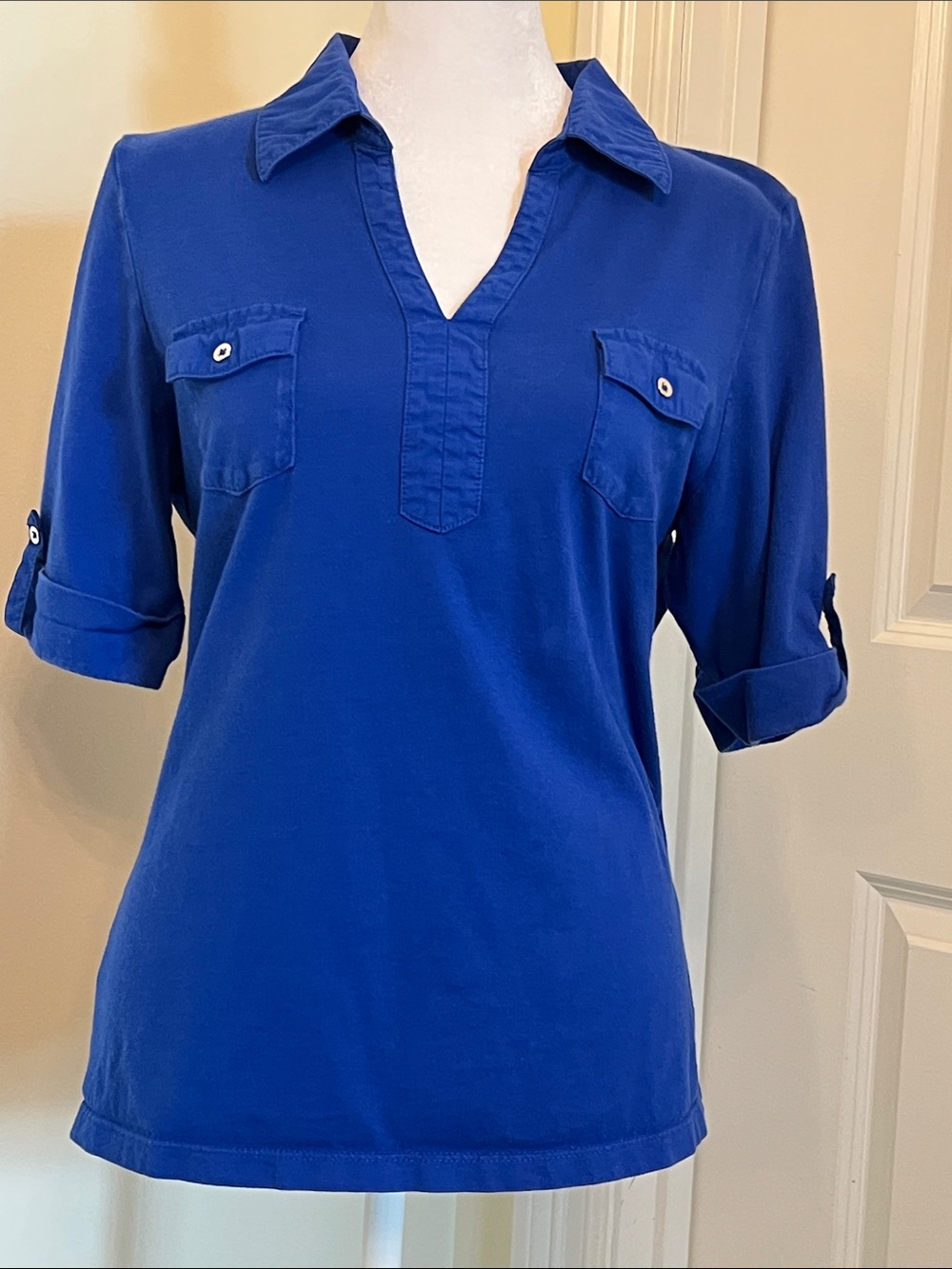 Karen Scott V-Neck Collared Top Women's S